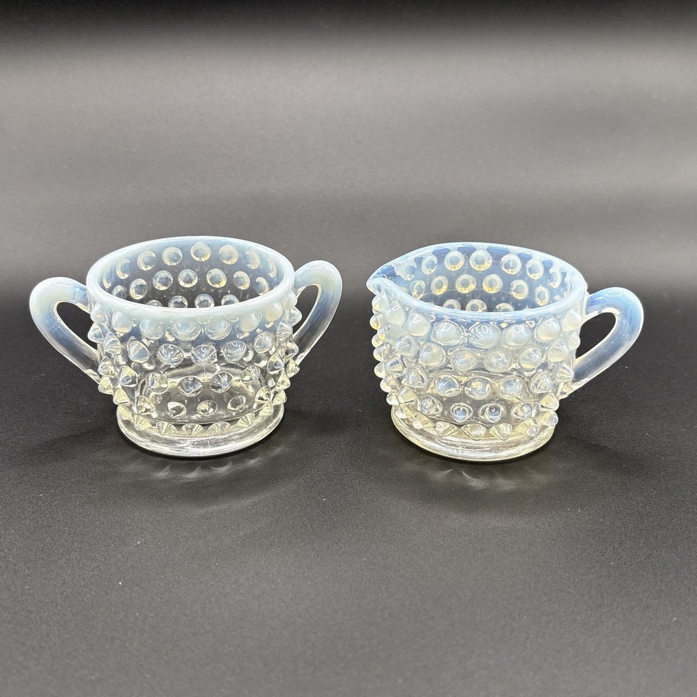 Vintage Fenton Moonstone Opalescent Hobnail Individual Creamer & Sugar Bowl Set
